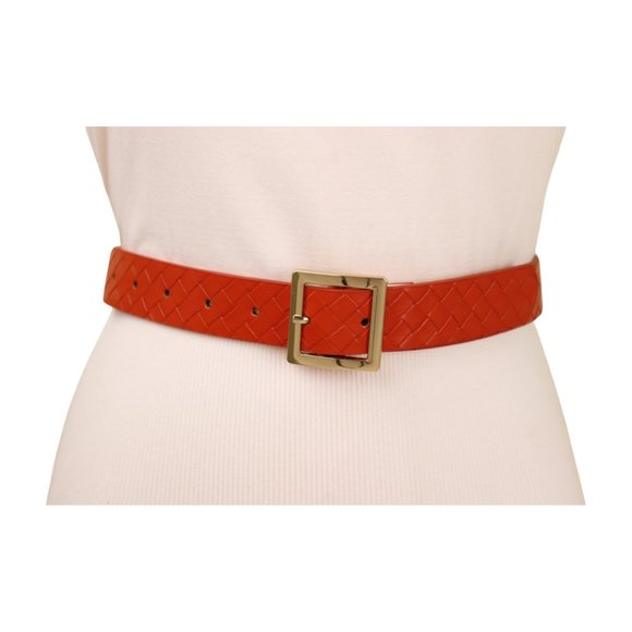 Women Orange Color Basket Weave Skinny Belt Gold Metal Square Buckle Size S M - Picture 15 of 17